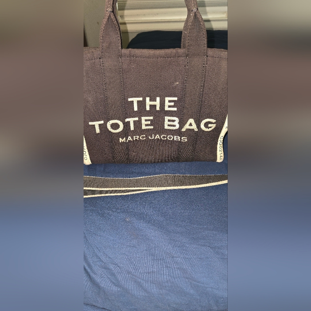 Marc Jacobs Brown Canvas Tote with Cream Trim and Navy Strap